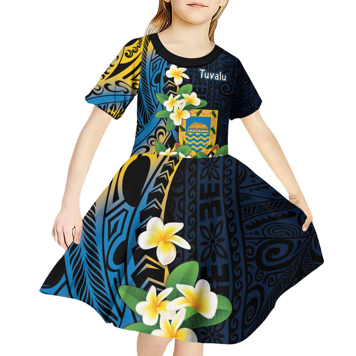 Personalised Tuvalu Beautiful Plumeria Flower Kid Short Sleeve Dress LT9 - Polynesian Pride