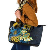 Personalised Tuvalu Beautiful Plumeria Flower Leather Tote Bag LT9 Black - Polynesian Pride