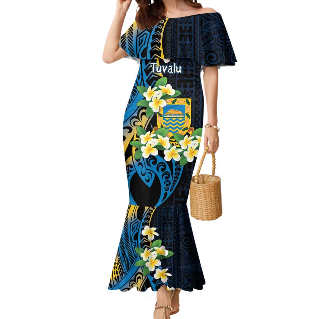 Personalised Tuvalu Beautiful Plumeria Flower Mermaid Dress LT9 Women Black - Polynesian Pride