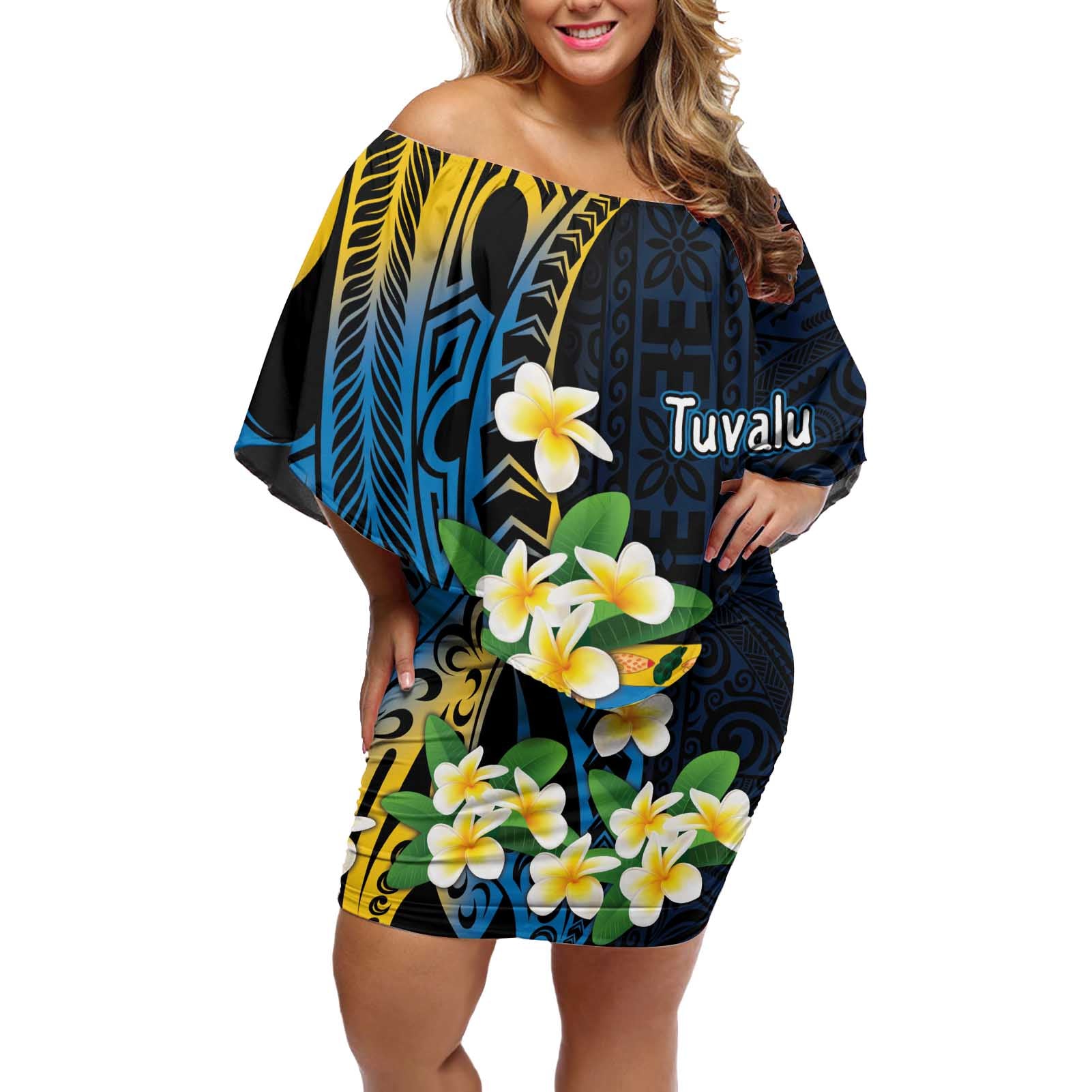 Personalised Tuvalu Beautiful Plumeria Flower Off Shoulder Short Dress