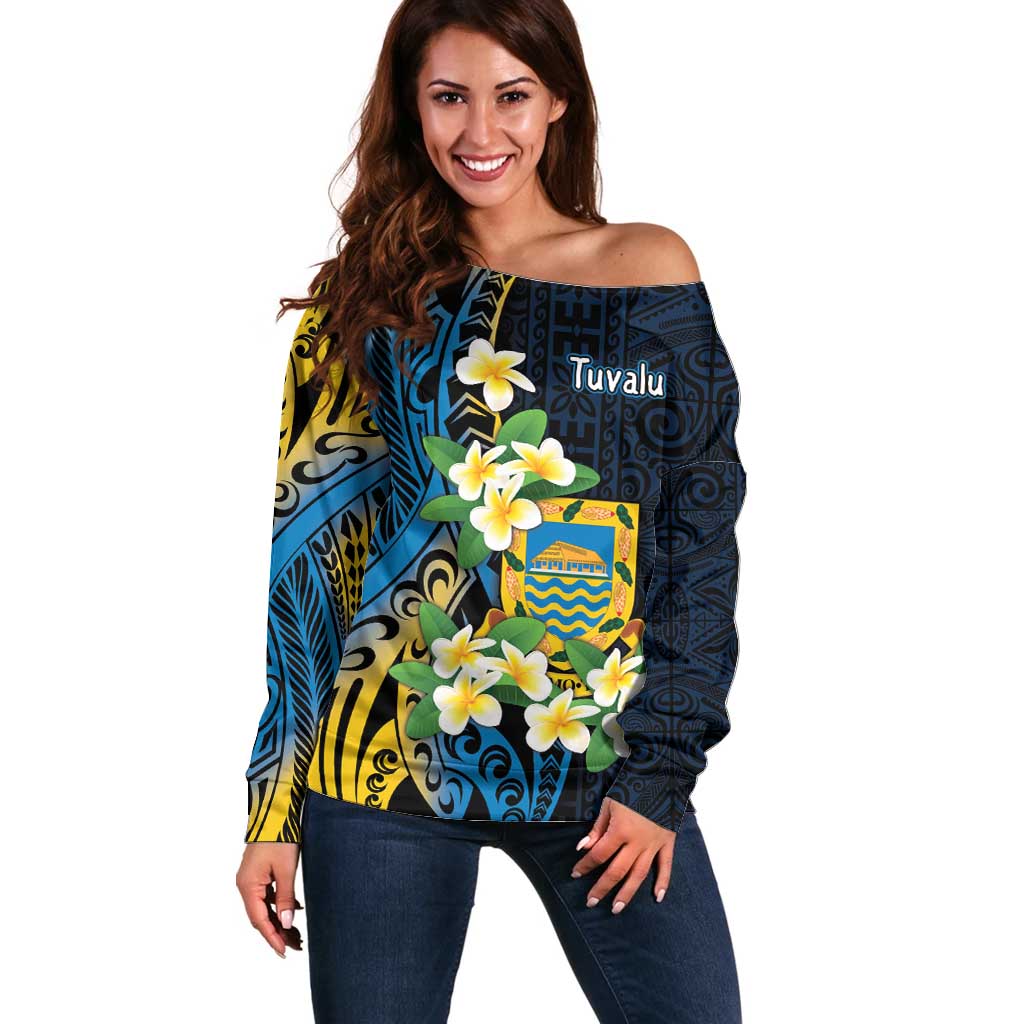 Personalised Tuvalu Beautiful Plumeria Flower Off Shoulder Sweater LT9 Women Black - Polynesian Pride