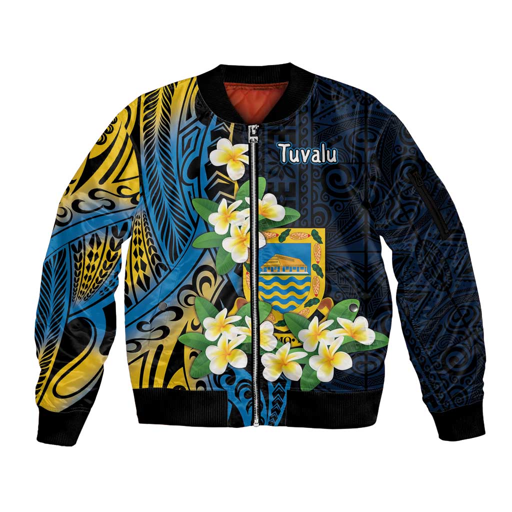 Personalised Tuvalu Beautiful Plumeria Flower Sleeve Zip Bomber Jacket LT9 Unisex Black - Polynesian Pride