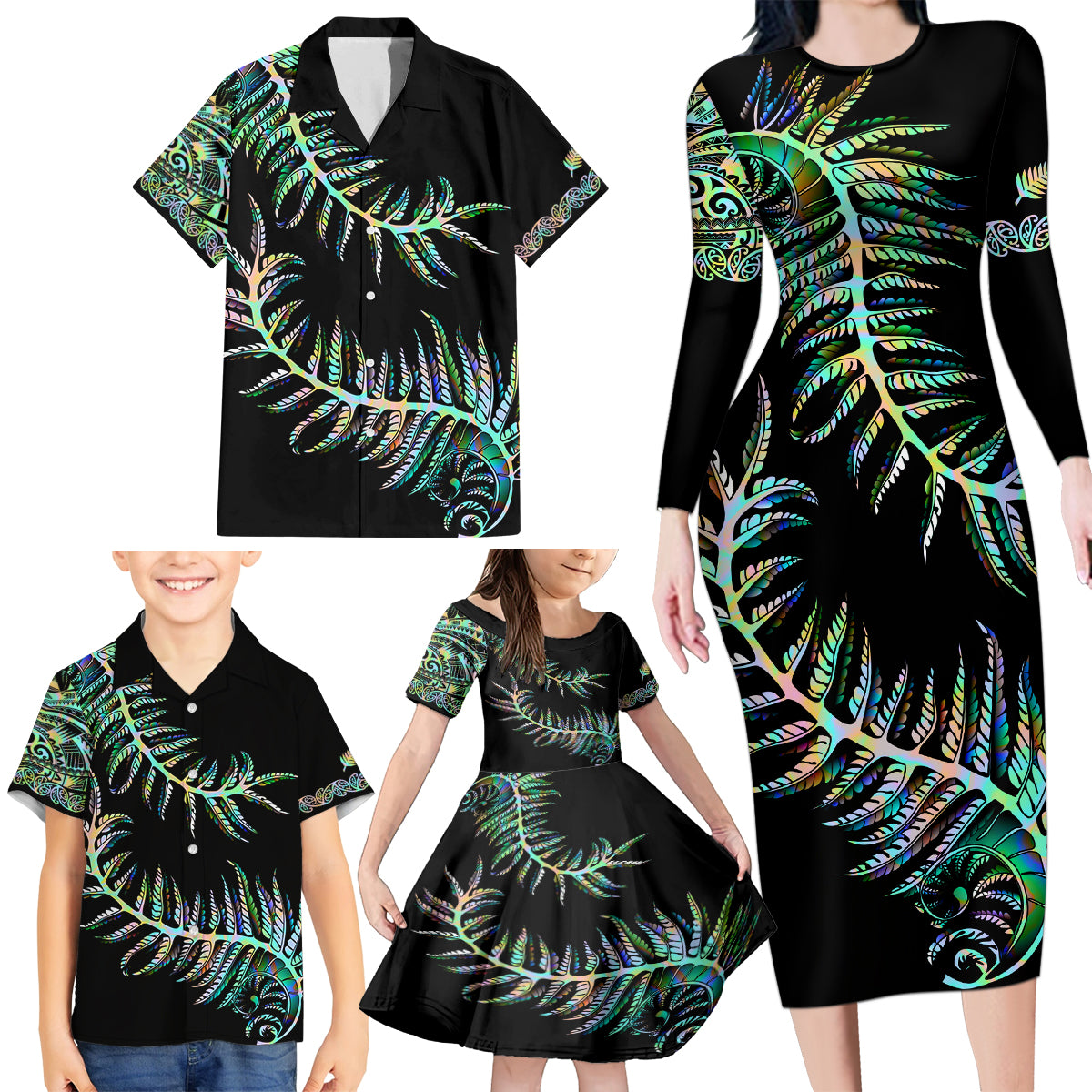 New Zealand Family Matching Long Sleeve Bodycon Dress and Hawaiian Shirt Aotearoa Silver Fern Mixed Papua Shell Green Vibe LT9 - Polynesian Pride