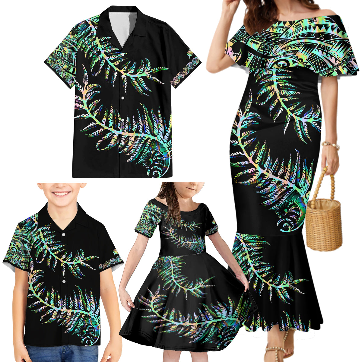 New Zealand Family Matching Mermaid Dress and Hawaiian Shirt Aotearoa Silver Fern Mixed Papua Shell Green Vibe LT9 - Polynesian Pride