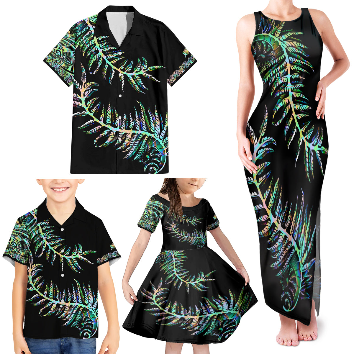 New Zealand Family Matching Tank Maxi Dress and Hawaiian Shirt Aotearoa Silver Fern Mixed Papua Shell Green Vibe LT9 - Polynesian Pride