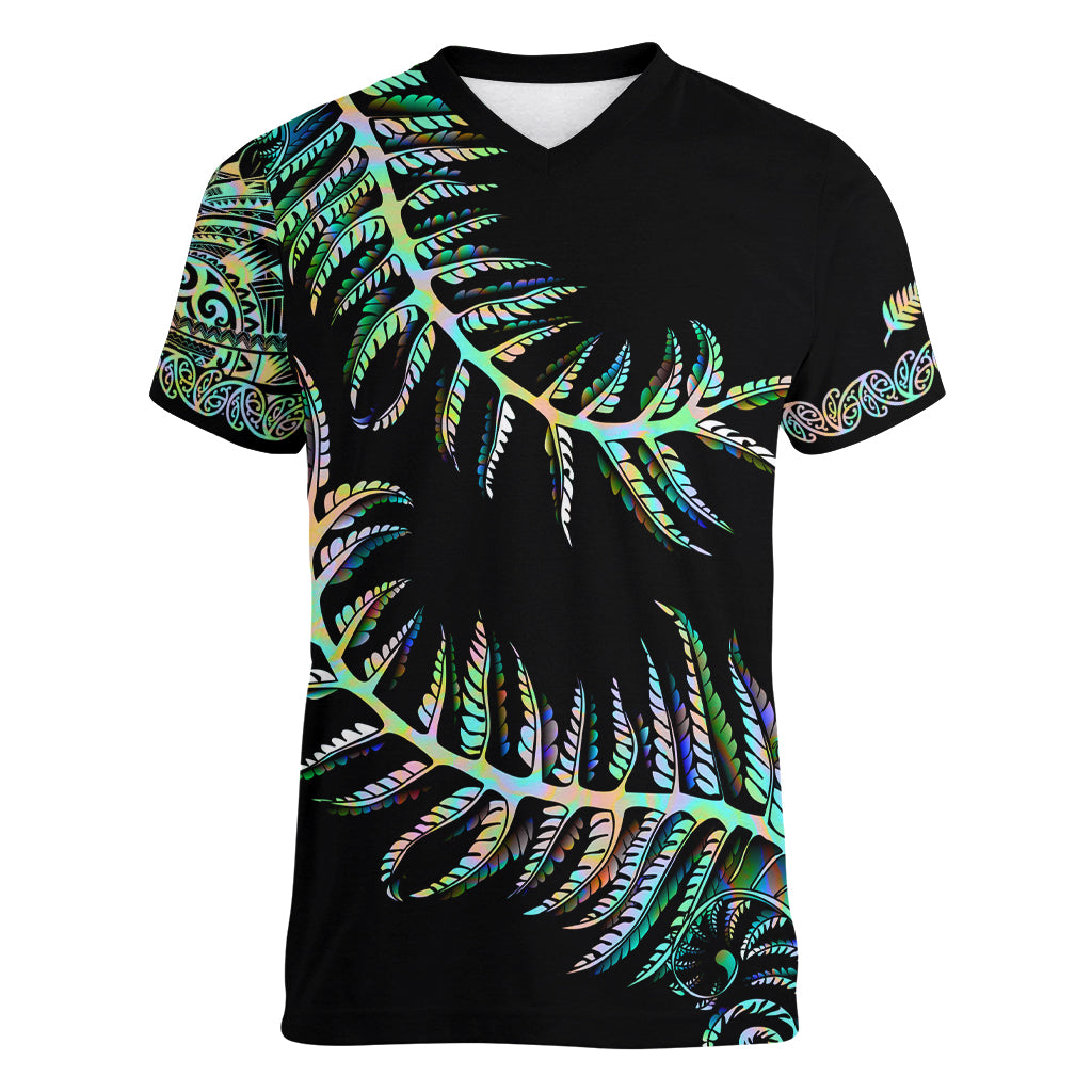 New Zealand Women V Neck T Shirt Aotearoa Silver Fern Mixed Papua Shell Green Vibe LT9 Female Green - Polynesian Pride