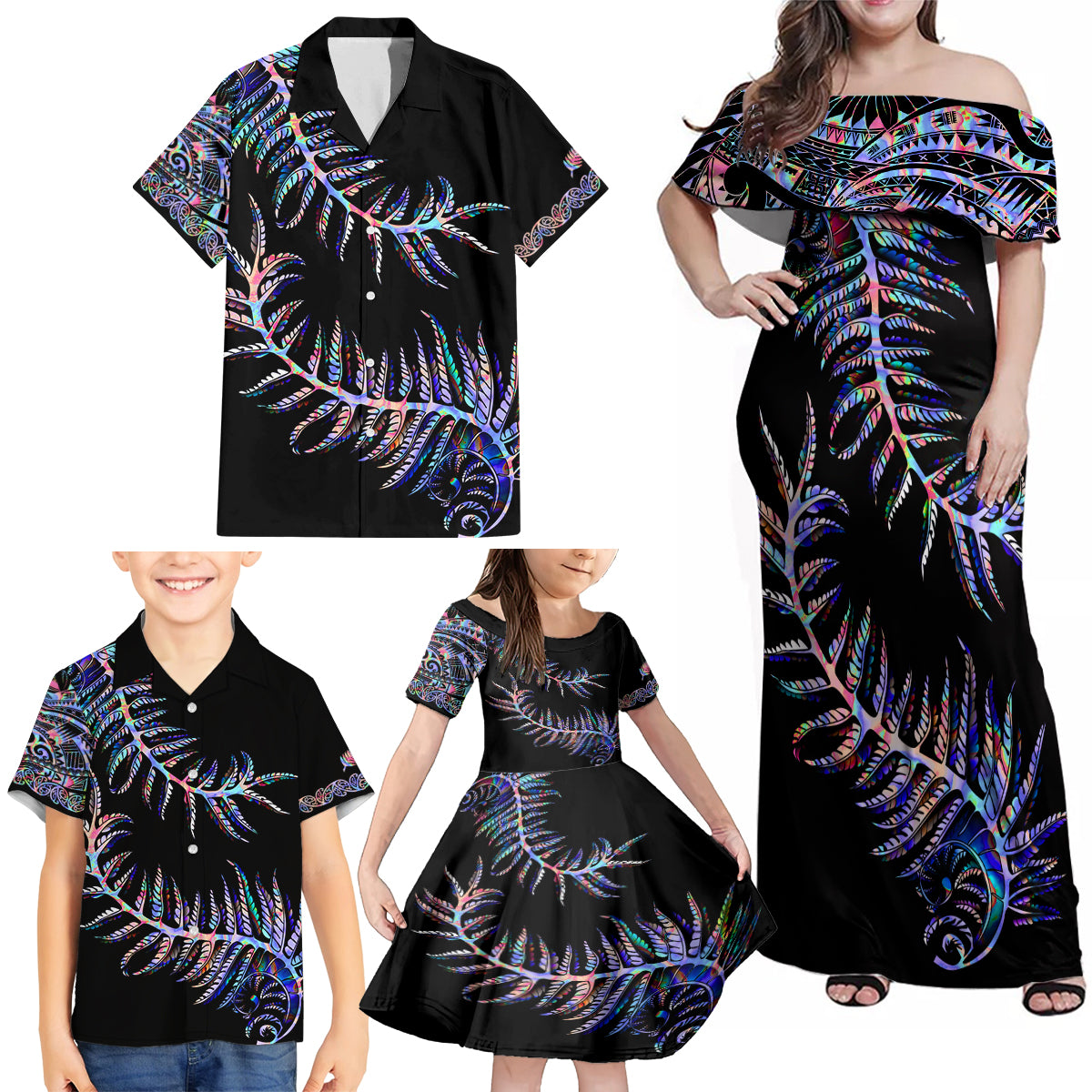 New Zealand Family Matching Off Shoulder Maxi Dress and Hawaiian Shirt Aotearoa Silver Fern Mixed Papua Shell Purple Vibe LT9 - Polynesian Pride