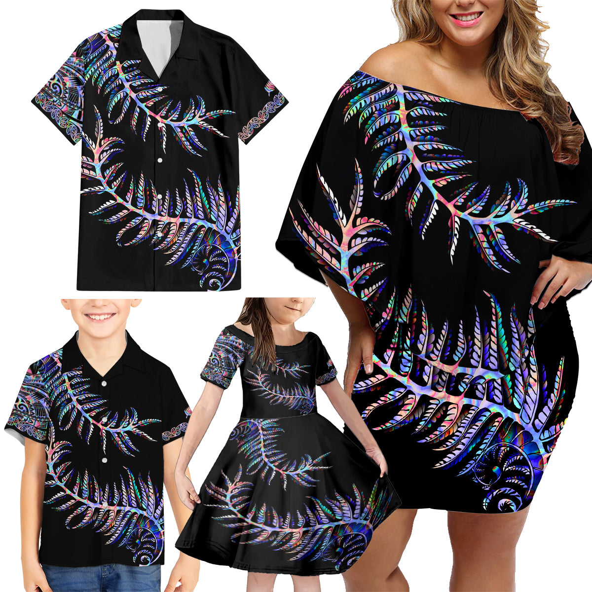 New Zealand Family Matching Off Shoulder Short Dress and Hawaiian Shirt Aotearoa Silver Fern Mixed Papua Shell Purple Vibe LT9 - Polynesian Pride