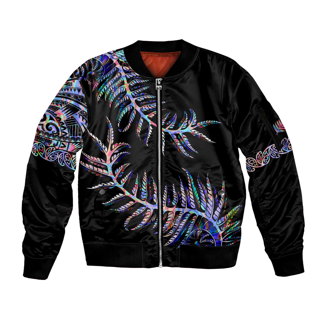 New Zealand Sleeve Zip Bomber Jacket Aotearoa Silver Fern Mixed Papua Shell Purple Vibe LT9 Unisex Purple - Polynesian Pride