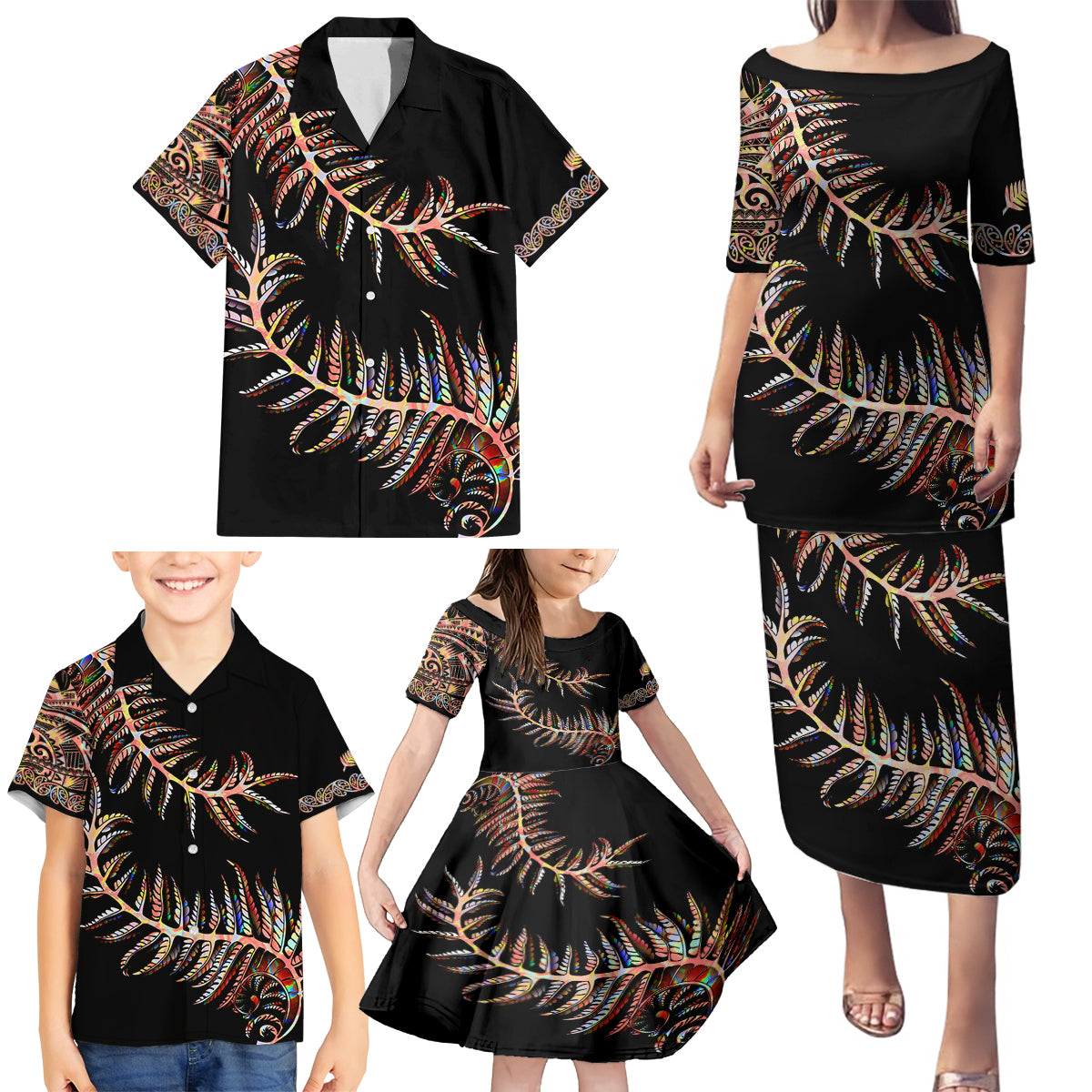 New Zealand Family Matching Puletasi Dress and Hawaiian Shirt Aotearoa Silver Fern Mixed Papua Shell Red Vibe LT9 - Polynesian Pride