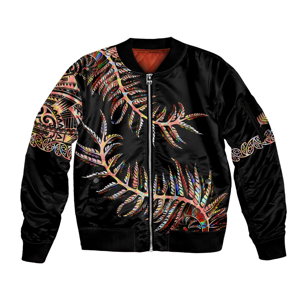 New Zealand Sleeve Zip Bomber Jacket Aotearoa Silver Fern Mixed Papua Shell Red Vibe LT9 Unisex Red - Polynesian Pride