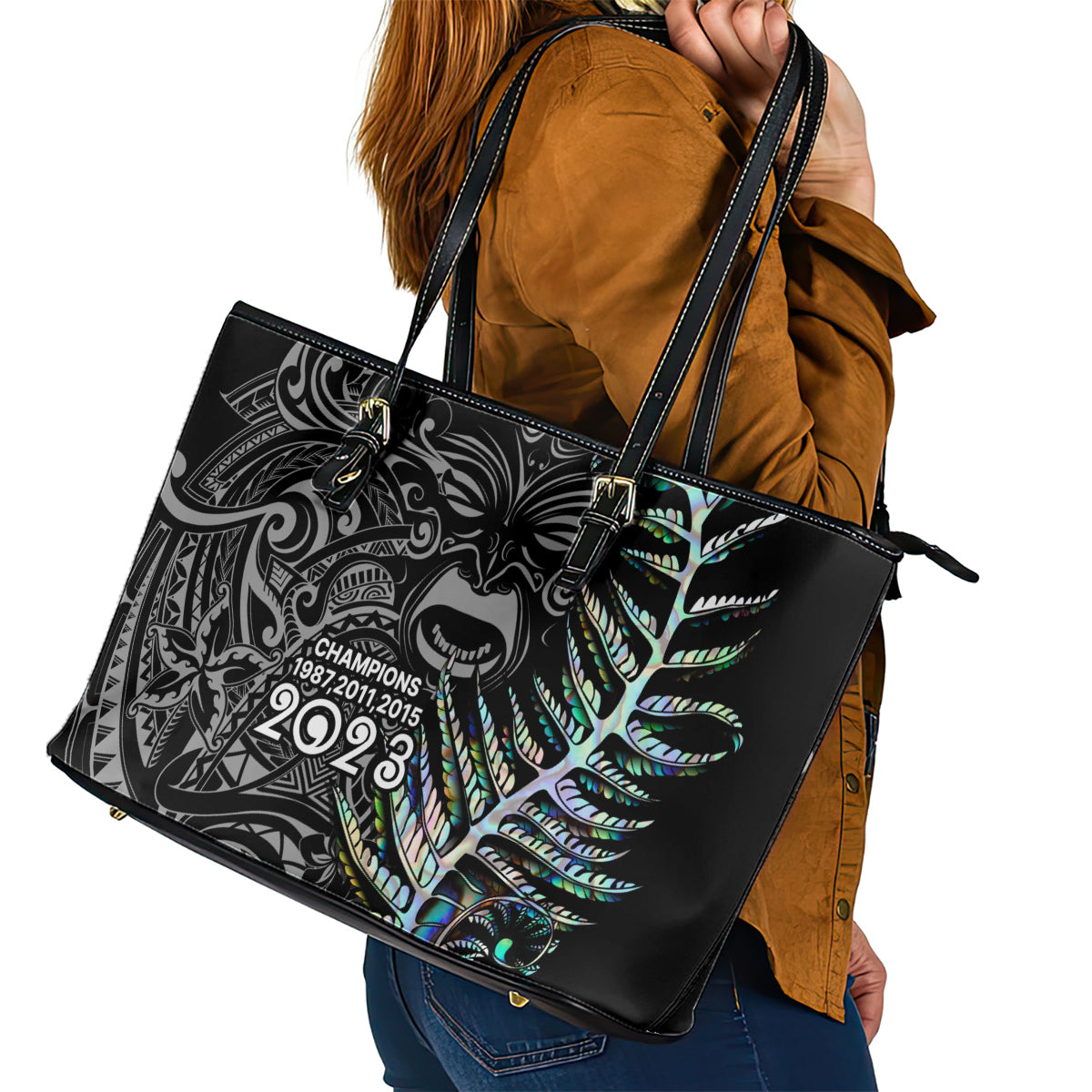 New Zealand Rugby Leather Tote Bag NZ Black Fern Champions History With Papua Shell LT9 - Polynesian Pride