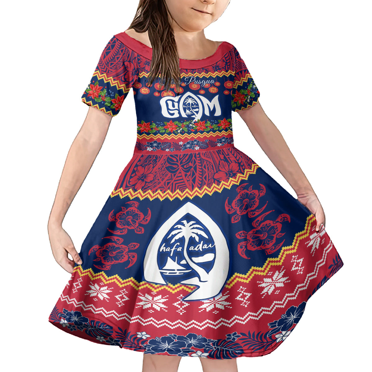 Personalised Guam Christmas Kid Short Sleeve Dress Felis Pusgua Santa Beach Polynesian Pattern LT9 KID Blue - Polynesian Pride