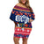 Personalised Guam Christmas Off Shoulder Short Dress Felis Pusgua Santa Beach Polynesian Pattern LT9 Women Blue - Polynesian Pride