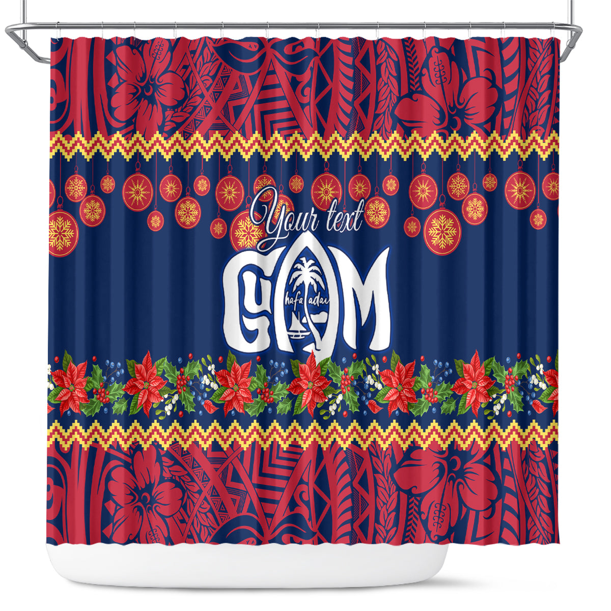 Personalised Guam Christmas Shower Curtain Felis Pusgua Santa Beach Polynesian Pattern LT9 Blue - Polynesian Pride