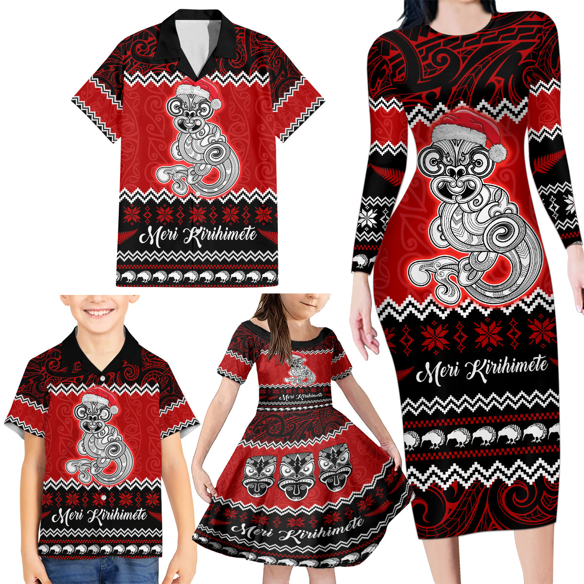 Personalised New Zealand Christmas Family Matching Long Sleeve Bodycon Dress and Hawaiian Shirt Maori Tiki Meri Kirihimete LT9 - Polynesian Pride