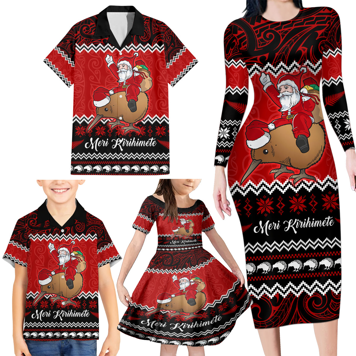 Personalised New Zealand Christmas Family Matching Long Sleeve Bodycon Dress and Hawaiian Shirt Kiwi Santa Claus Maori Meri Kirihimete LT9 - Polynesian Pride