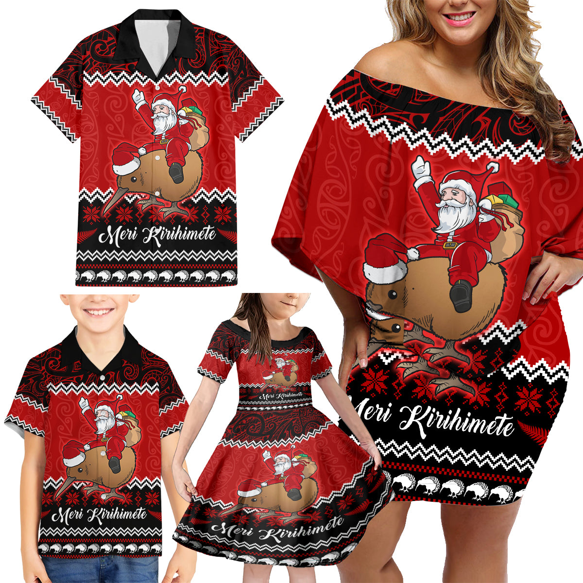 Personalised New Zealand Christmas Family Matching Off Shoulder Short Dress and Hawaiian Shirt Kiwi Santa Claus Maori Meri Kirihimete LT9 - Polynesian Pride