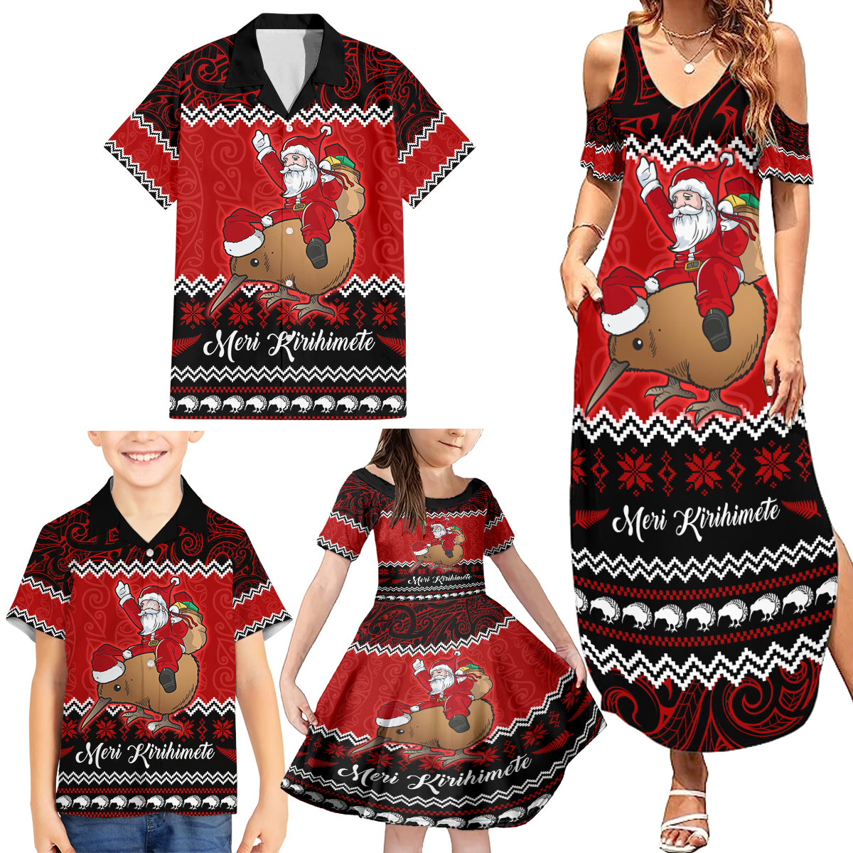 Personalised New Zealand Christmas Family Matching Summer Maxi Dress and Hawaiian Shirt Kiwi Santa Claus Maori Meri Kirihimete LT9 - Polynesian Pride