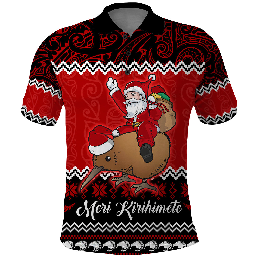 Personalised New Zealand Christmas Polo Shirt Kiwi Santa Claus Maori Meri Kirihimete LT9 Red - Polynesian Pride