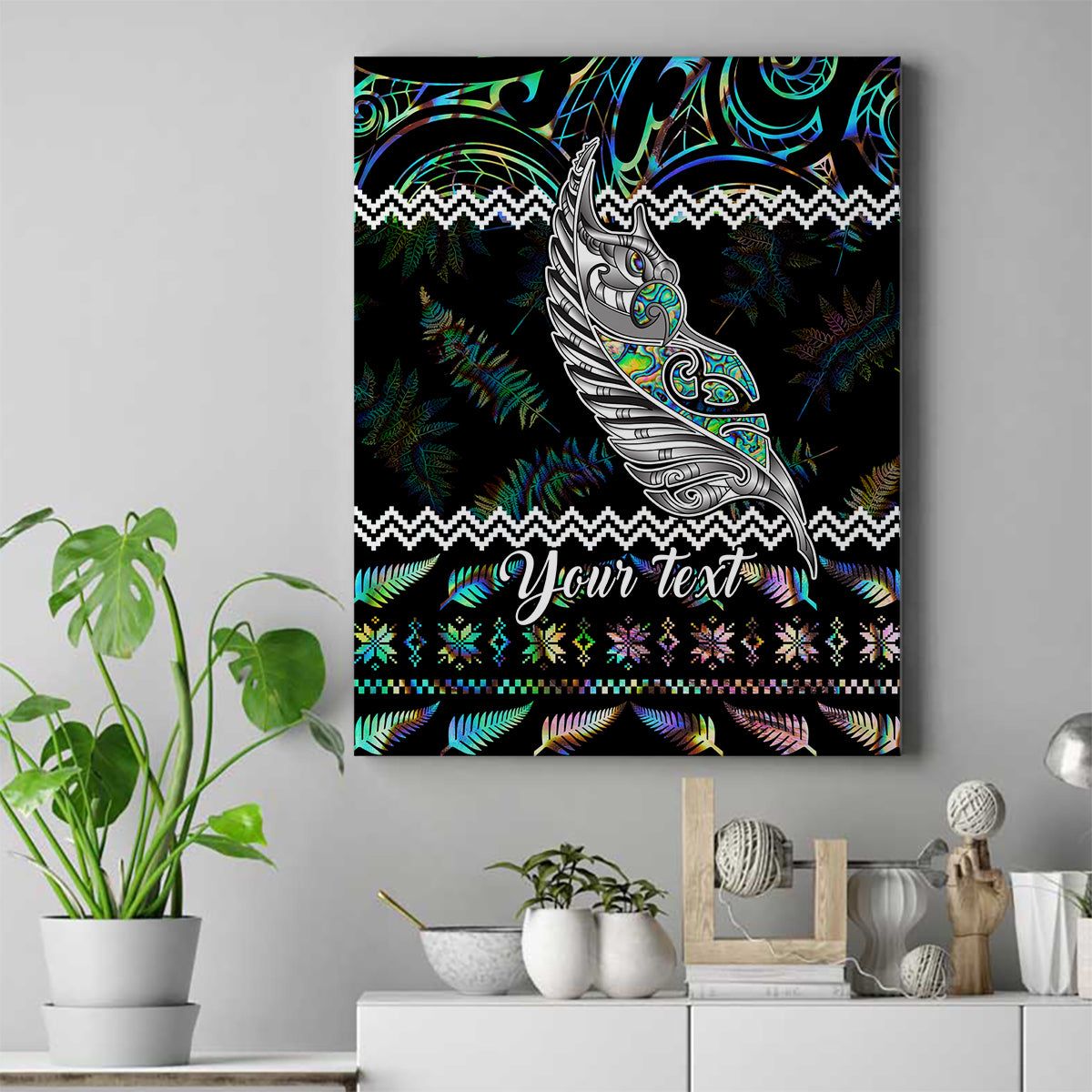 Personalised New Zealand Christmas Canvas Wall Art Maori Fern Manaia Meri Kirihimete with Papaua Shell LT9 Black - Polynesian Pride