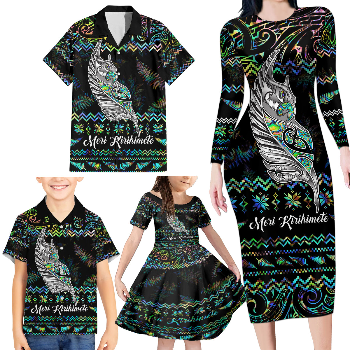 Personalised New Zealand Christmas Family Matching Long Sleeve Bodycon Dress and Hawaiian Shirt Maori Fern Manaia Meri Kirihimete with Papaua Shell LT9 - Polynesian Pride