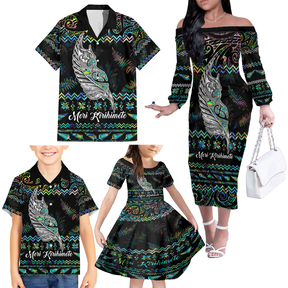 Personalised New Zealand Christmas Family Matching Off Shoulder Long Sleeve Dress and Hawaiian Shirt Maori Fern Manaia Meri Kirihimete with Papaua Shell LT9 - Polynesian Pride