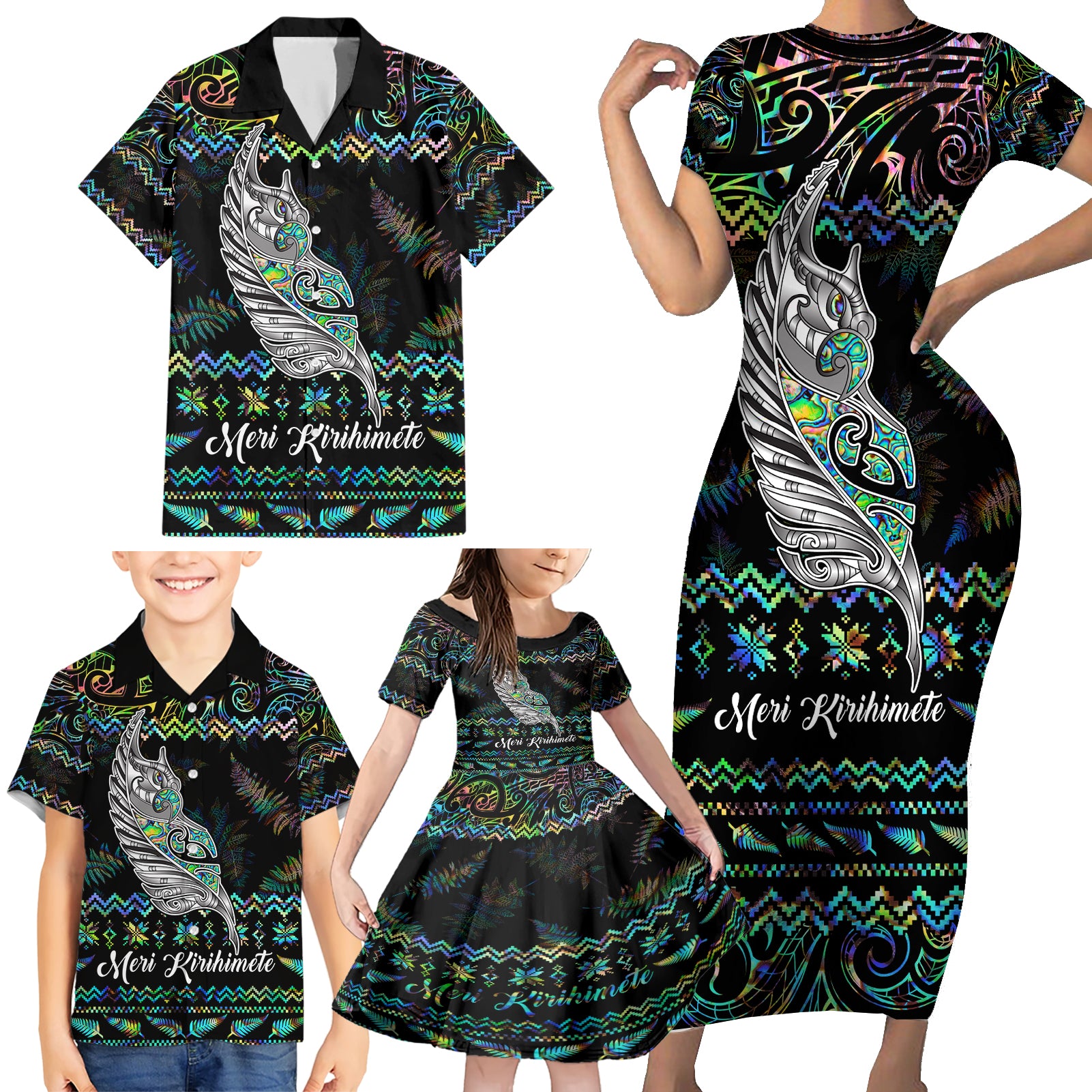 Personalised New Zealand Christmas Family Matching Short Sleeve Bodycon Dress and Hawaiian Shirt Maori Fern Manaia Meri Kirihimete with Papaua Shell LT9 - Polynesian Pride