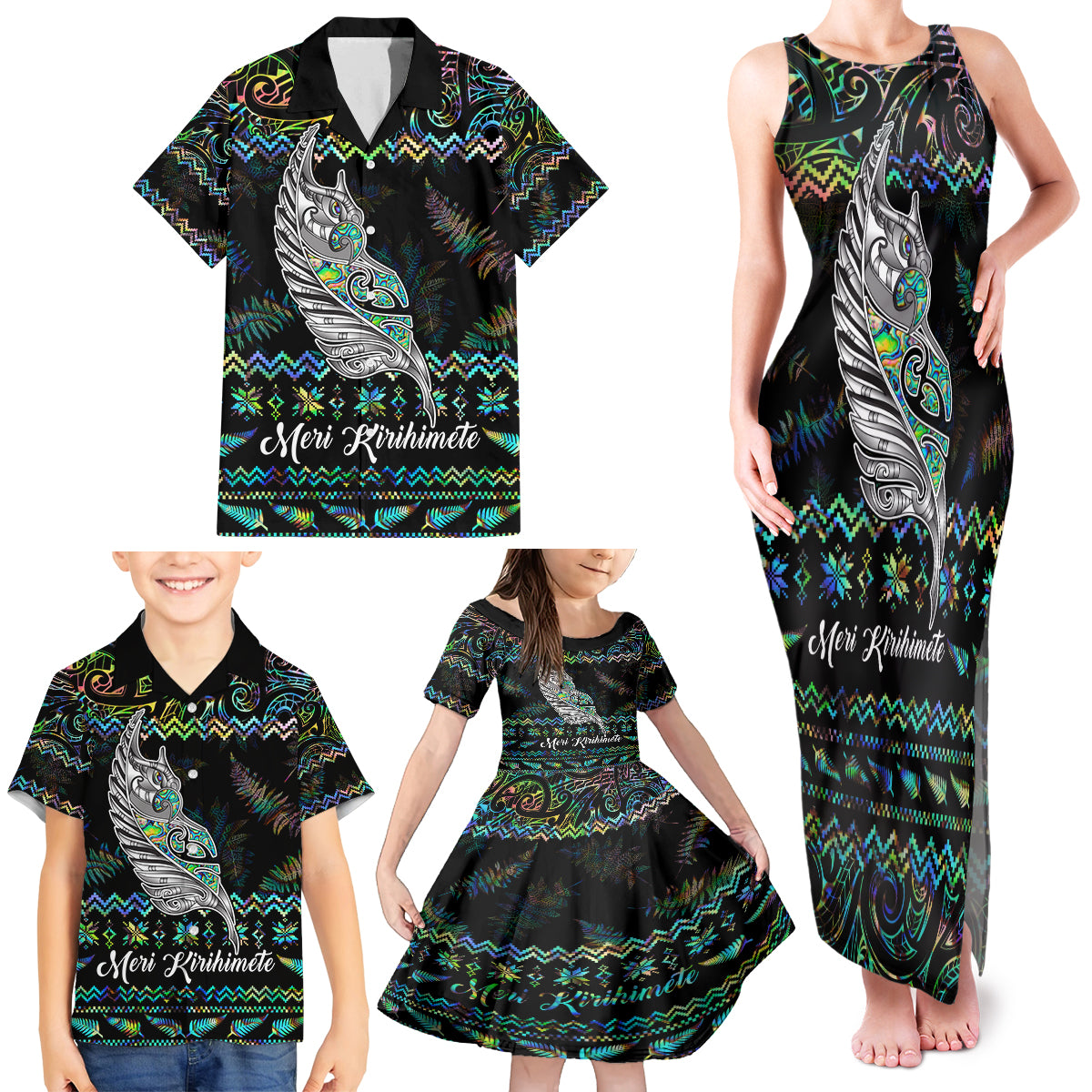 Personalised New Zealand Christmas Family Matching Tank Maxi Dress and Hawaiian Shirt Maori Fern Manaia Meri Kirihimete with Papaua Shell LT9 - Polynesian Pride