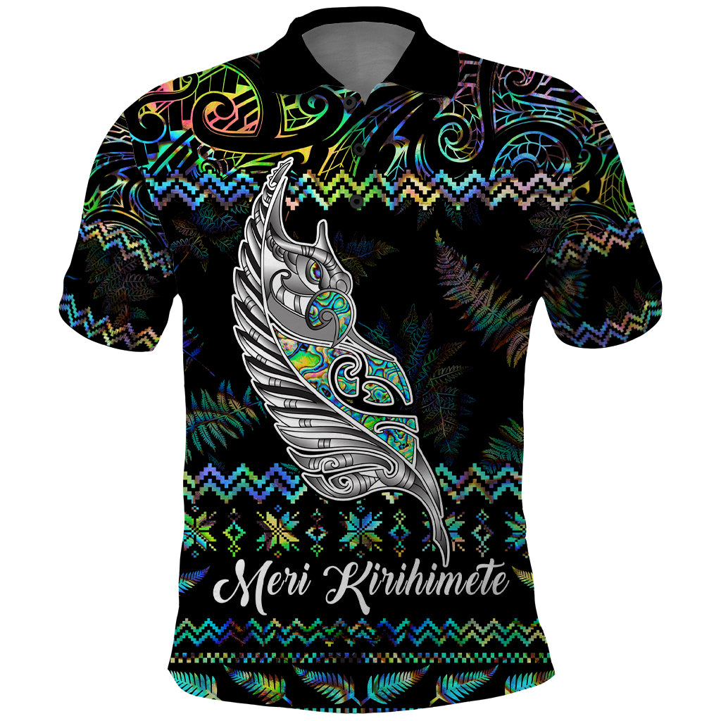 Personalised New Zealand Christmas Polo Shirt Maori Fern Manaia Meri Kirihimete with Papaua Shell LT9 Black - Polynesian Pride