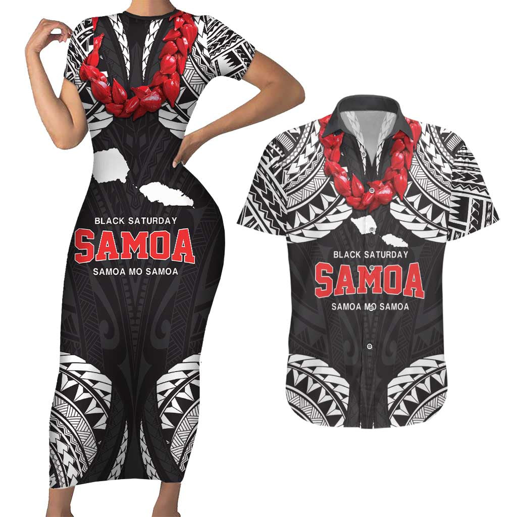 Samoa Black Saturday Couples Matching Short Sleeve Bodycon Dress and Hawaiian Shirt Samoa mo Samoa with Black Ula Fala