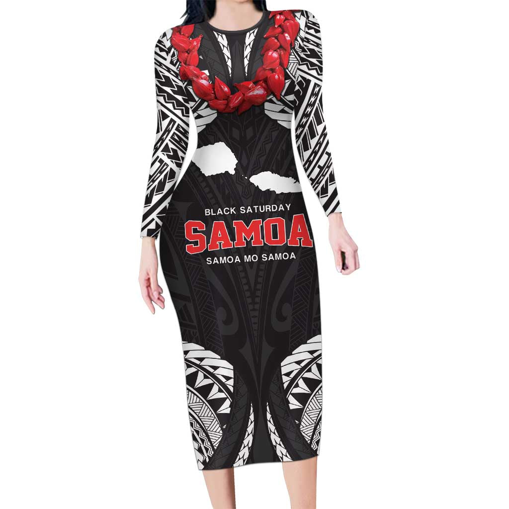 Samoa Black Saturday Long Sleeve Bodycon Dress Samoa mo Samoa with Black Ula Fala LT9 Long Dress Black - Polynesian Pride
