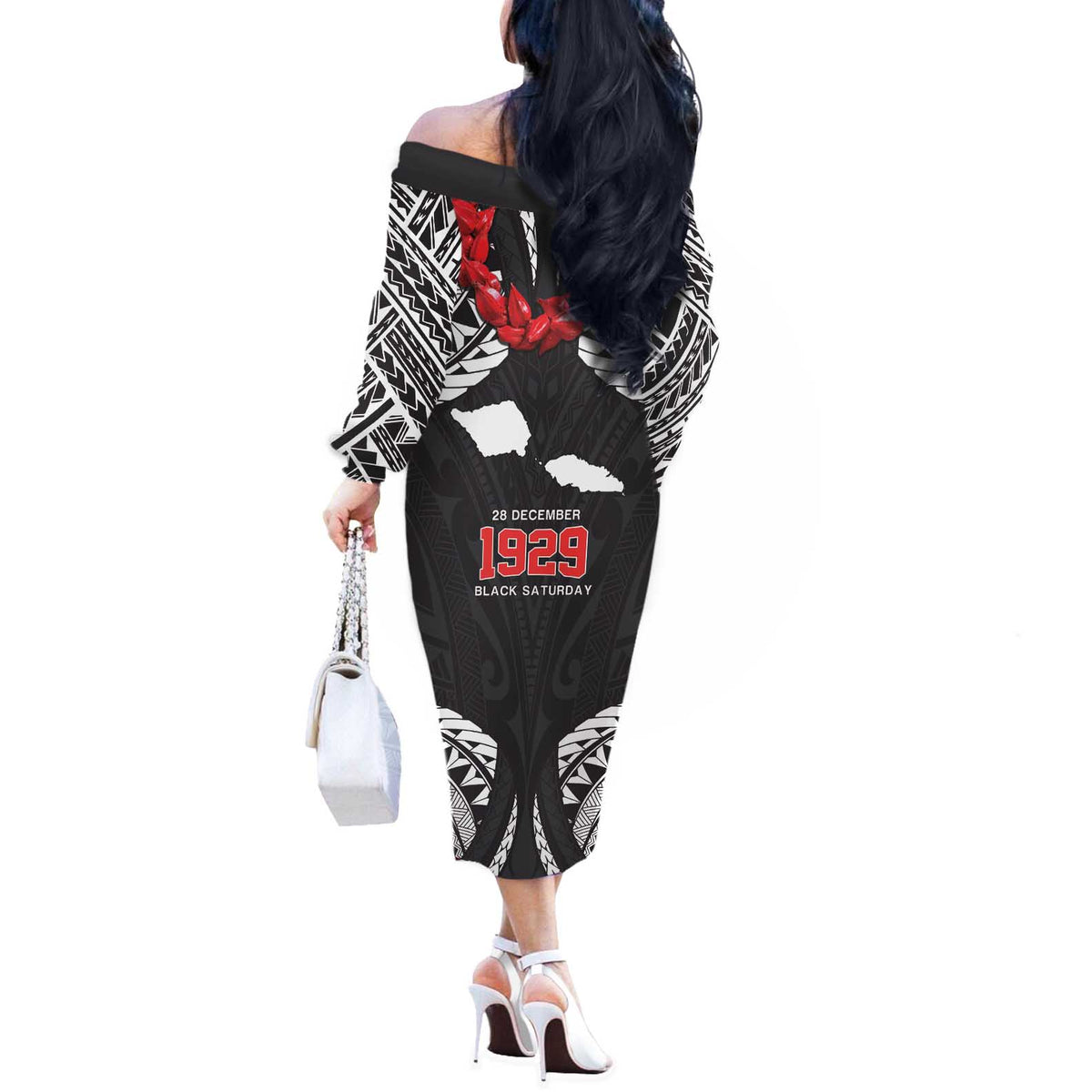 Samoa Black Saturday Off The Shoulder Long Sleeve Dress Samoa mo Samoa with Black Ula Fala LT9 - Polynesian Pride