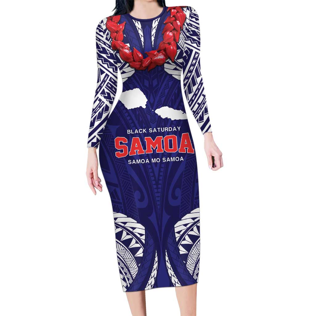 Samoa Black Saturday Long Sleeve Bodycon Dress Samoa mo Samoa with Blue Ula Fala LT9 Long Dress Blue - Polynesian Pride