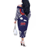 Samoa Black Saturday Off The Shoulder Long Sleeve Dress Samoa mo Samoa with Blue Ula Fala LT9 - Polynesian Pride