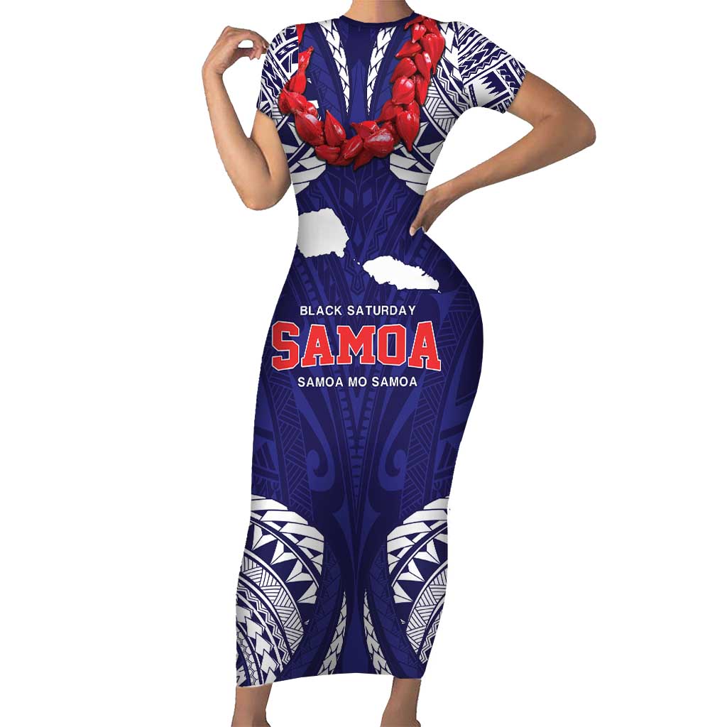 Samoa Black Saturday Short Sleeve Bodycon Dress Samoa mo Samoa with Blue Ula Fala