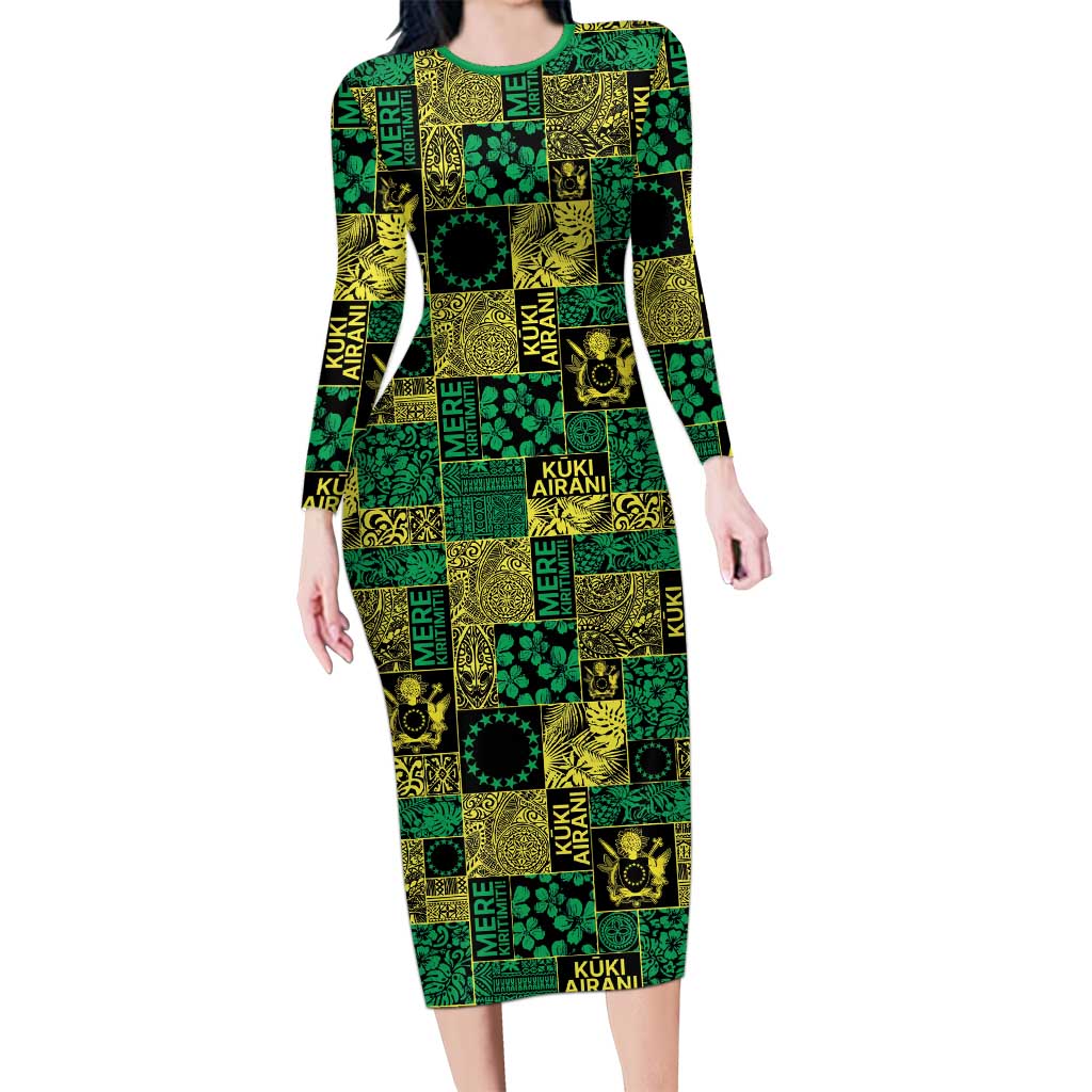 Cook Islands Mere Kiritimiti Long Sleeve Bodycon Dress Pacific Patchwork Xmas Vibes LT9 Long Dress Green - Polynesian Pride