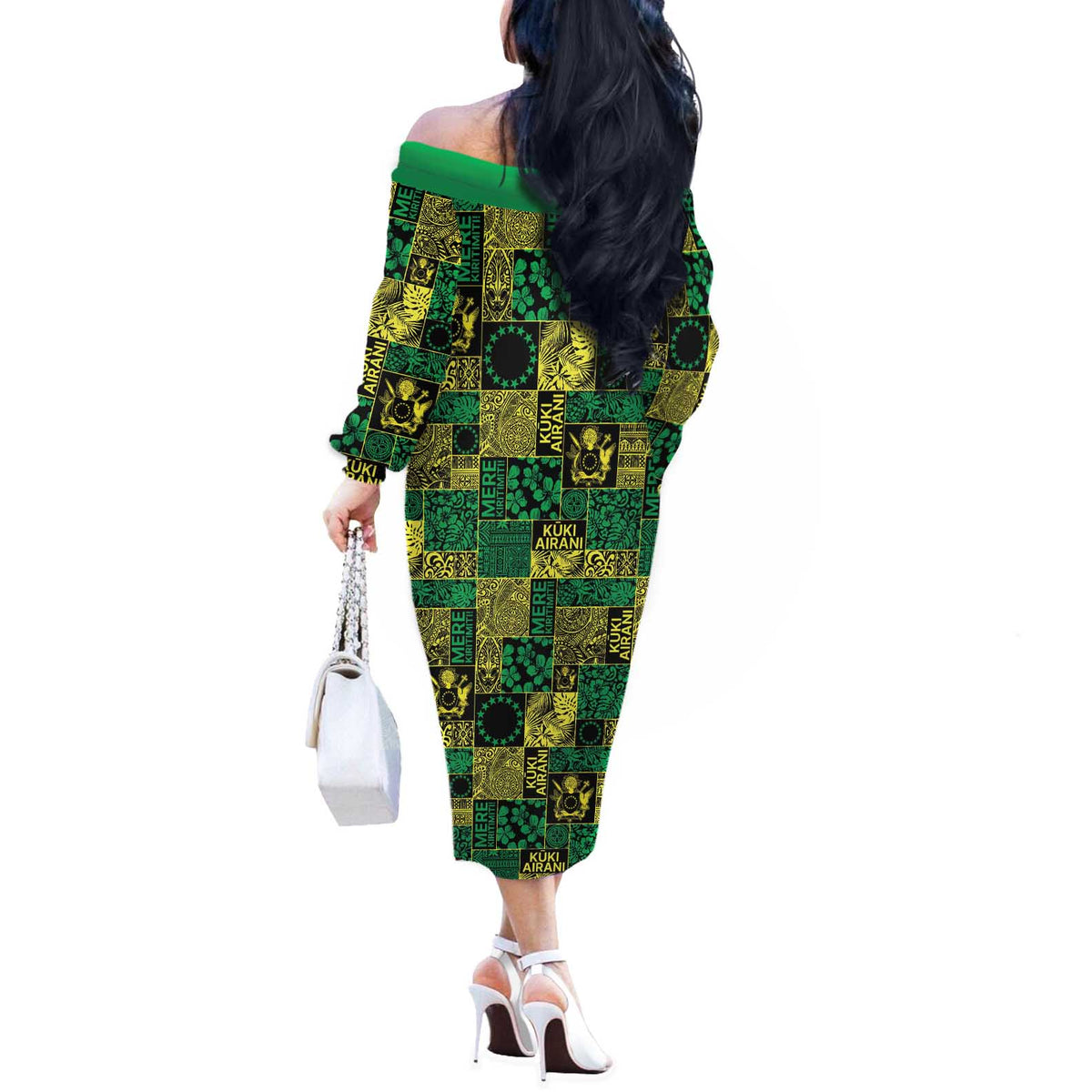 Cook Islands Mere Kiritimiti Off The Shoulder Long Sleeve Dress Pacific Patchwork Xmas Vibes LT9 - Polynesian Pride