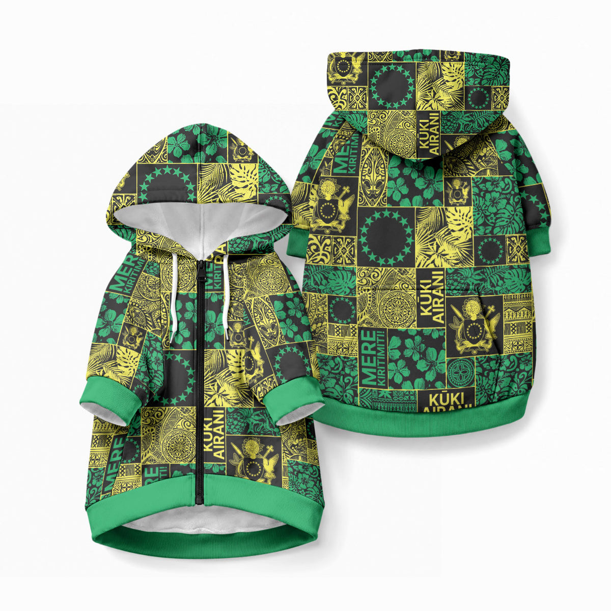 Cook Islands Mere Kiritimiti Pet Hoodie Pacific Patchwork Xmas Vibes LT9 Zip-up Green - Polynesian Pride