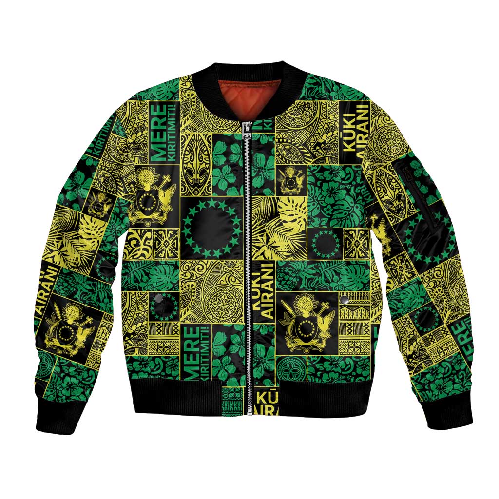 Cook Islands Mere Kiritimiti Sleeve Zip Bomber Jacket Pacific Patchwork Xmas Vibes LT9 Unisex Green - Polynesian Pride