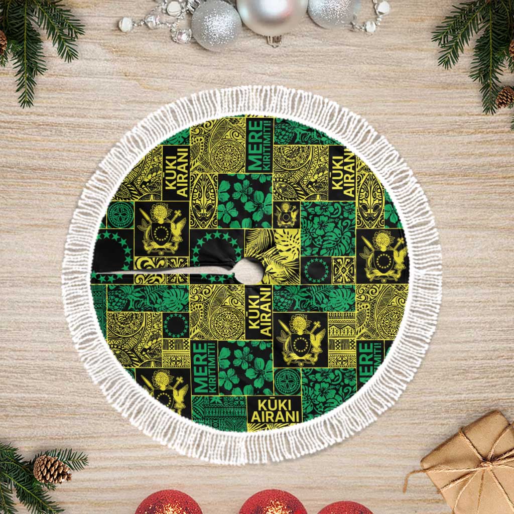 Cook Islands Mere Kiritimiti Tree Skirt Pacific Patchwork Xmas Vibes LT9 Fringed Green - Polynesian Pride