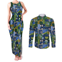 Solomon Islands Meri Kirihimete Couples Matching Tank Maxi Dress and Long Sleeve Button Shirt Pacific Patchwork Xmas Vibes LT9 Blue - Polynesian Pride
