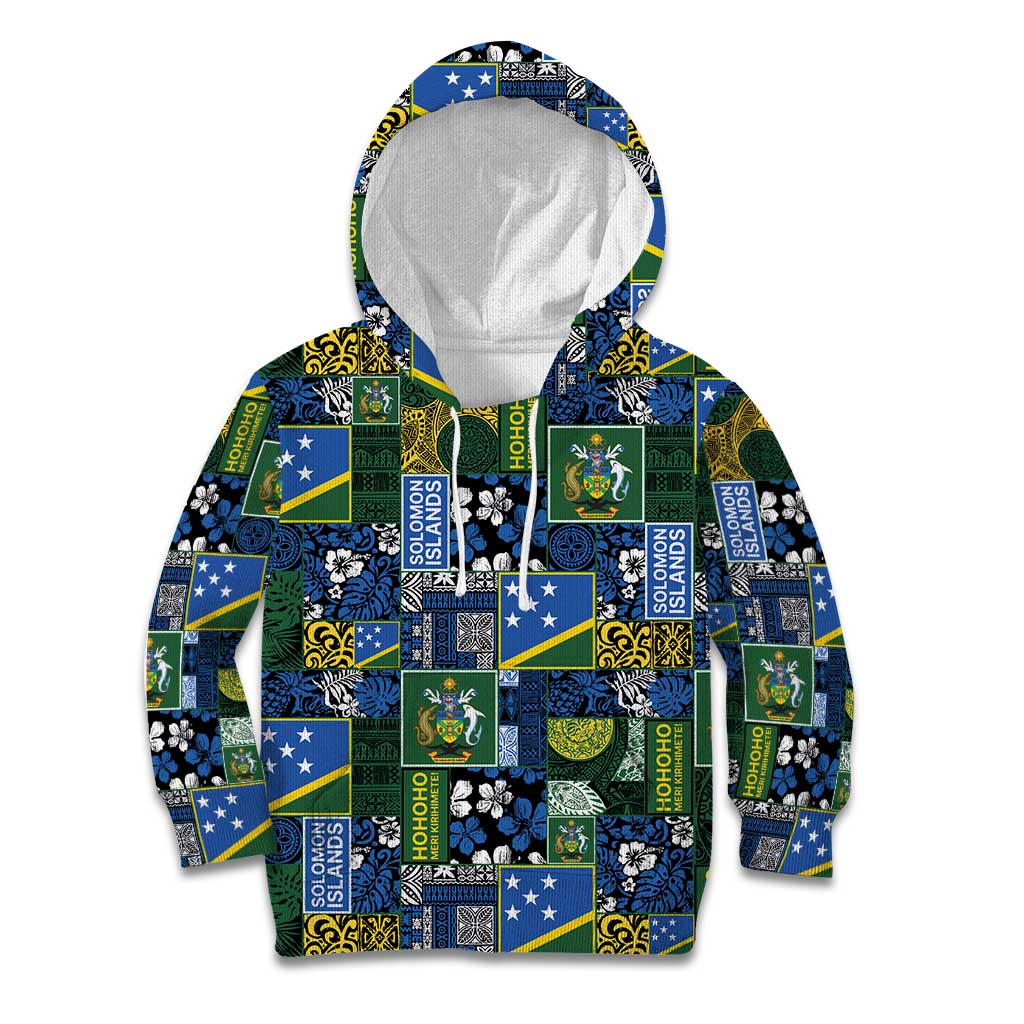 Solomon Islands Meri Kirihimete Kid Hoodie Pacific Patchwork Xmas Vibes LT9 Hoodie Blue - Polynesian Pride