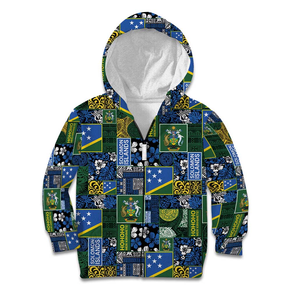 Solomon Islands Meri Kirihimete Kid Hoodie Pacific Patchwork Xmas Vibes LT9 Zip Hoodie Blue - Polynesian Pride