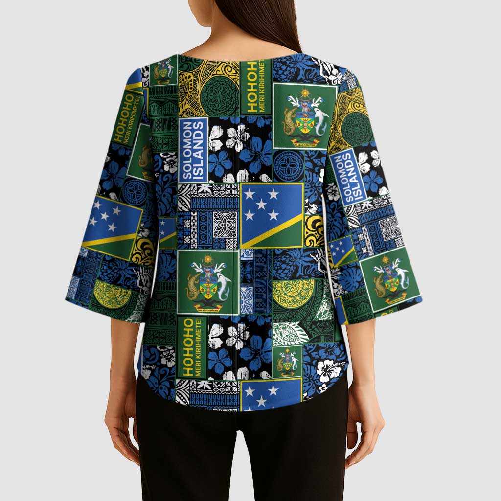 Solomon Islands Meri Kirihimete Kimono Sleeve Blouse Pacific Patchwork Xmas Vibes LT9 - Polynesian Pride