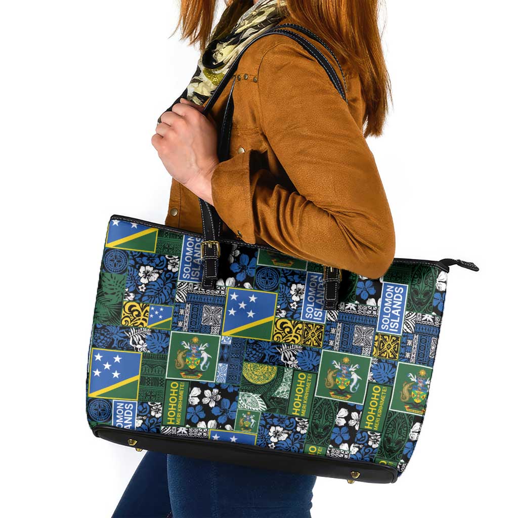 Solomon Islands Meri Kirihimete Leather Tote Bag Pacific Patchwork Xmas Vibes LT9 Blue - Polynesian Pride