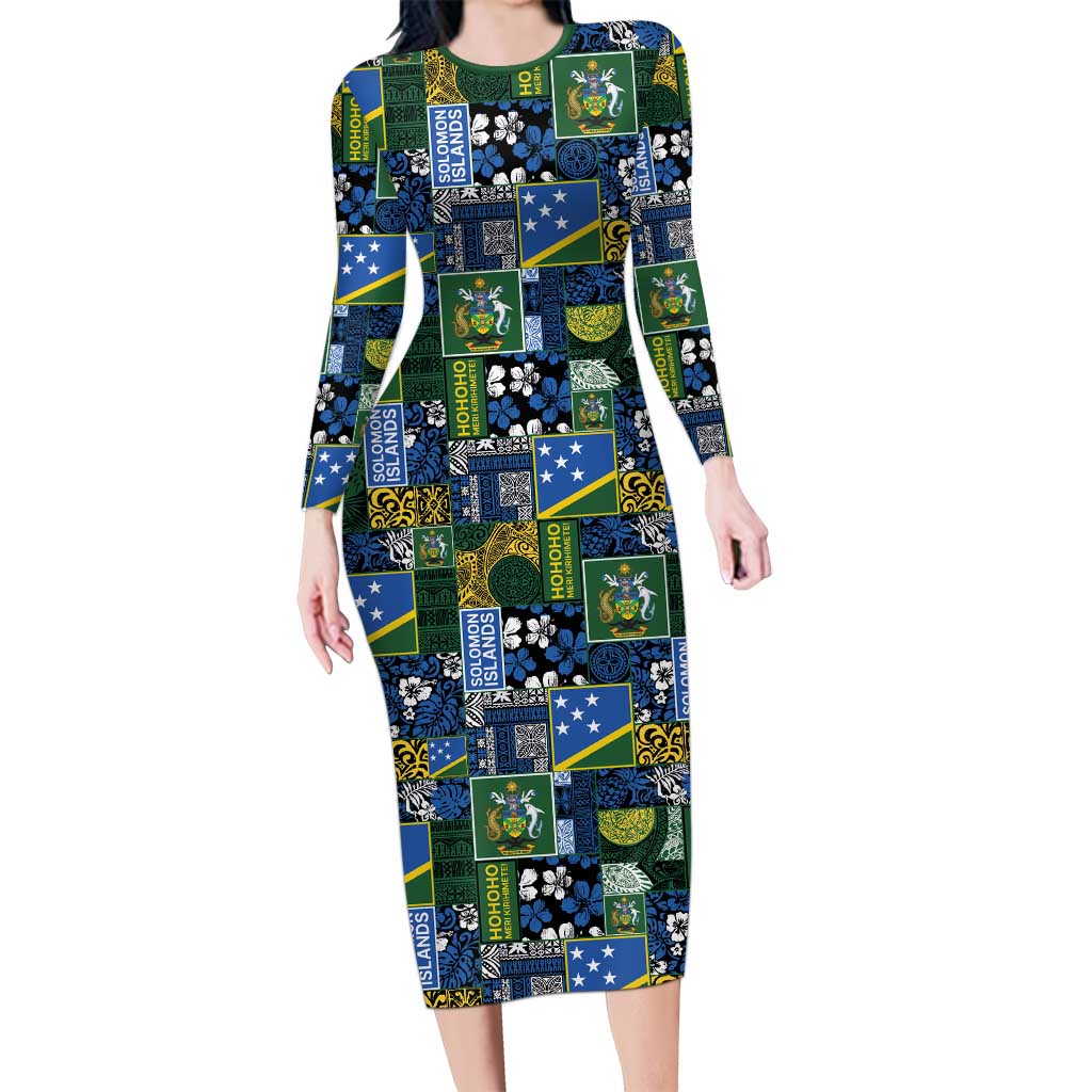 Solomon Islands Meri Kirihimete Long Sleeve Bodycon Dress Pacific Patchwork Xmas Vibes LT9 Long Dress Blue - Polynesian Pride