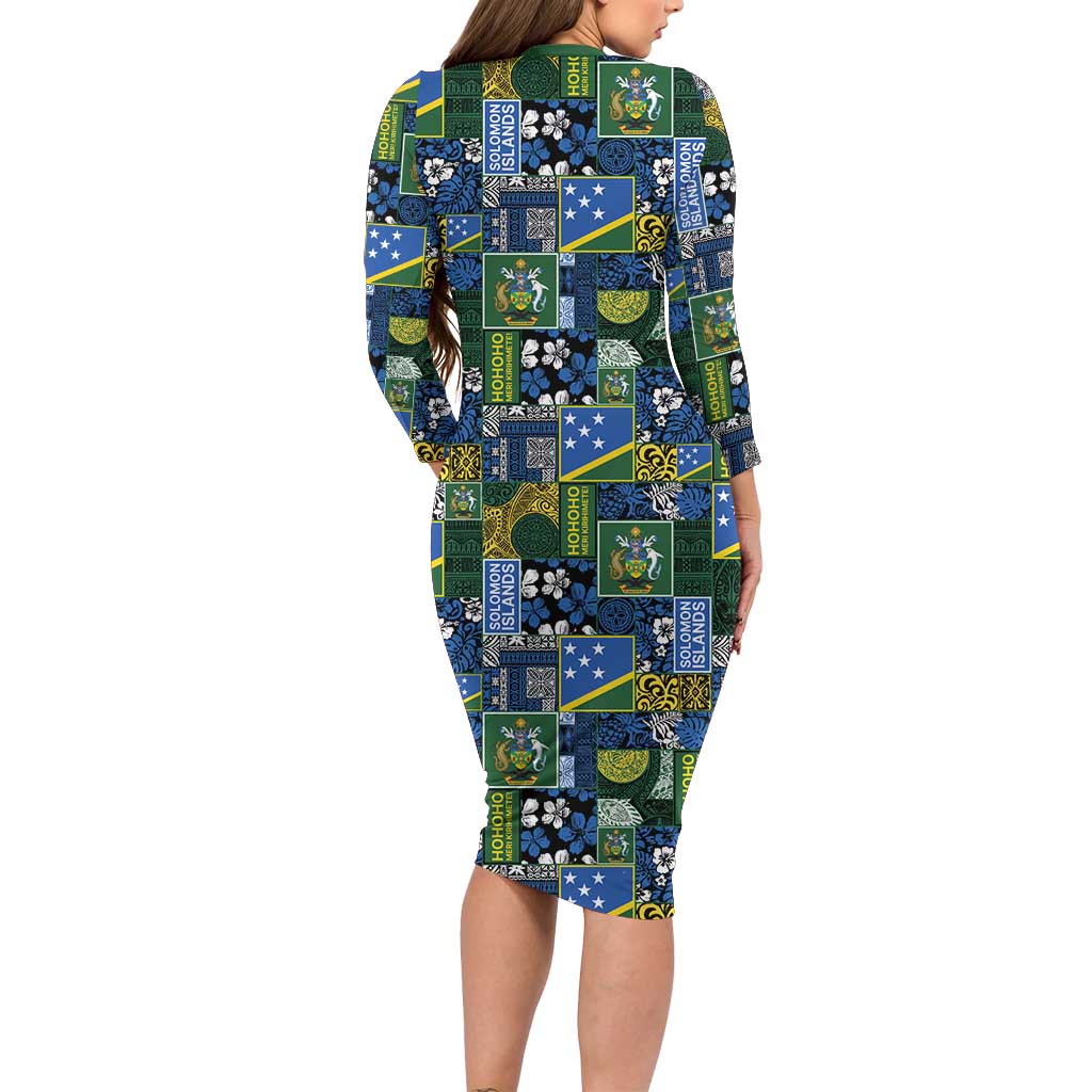 Solomon Islands Meri Kirihimete Long Sleeve Bodycon Dress Pacific Patchwork Xmas Vibes LT9 - Polynesian Pride