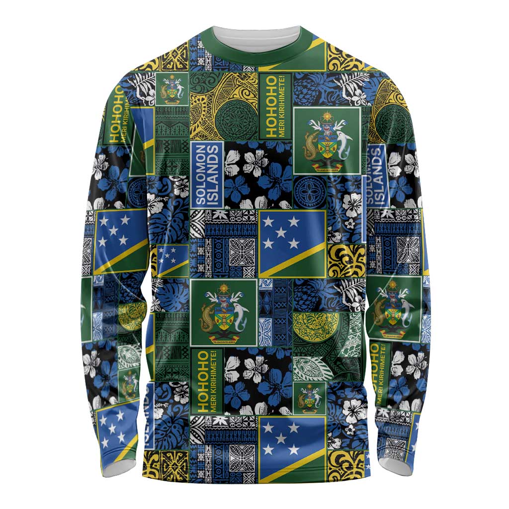 Solomon Islands Meri Kirihimete Long Sleeve Shirt Pacific Patchwork Xmas Vibes LT9 Unisex Blue - Polynesian Pride