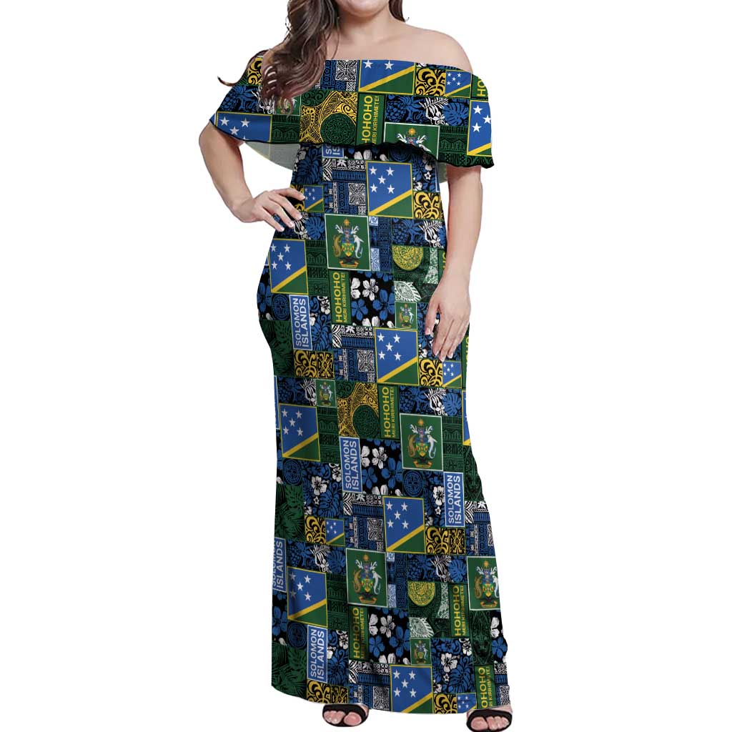 Solomon Islands Meri Kirihimete Off Shoulder Maxi Dress Pacific Patchwork Xmas Vibes LT9 Women Blue - Polynesian Pride